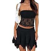 Ophestin Womens Y2K Two Piece Outfits Going Out Lace Tube Crop Tops Ruffle Fairy Mini Skirt Sets