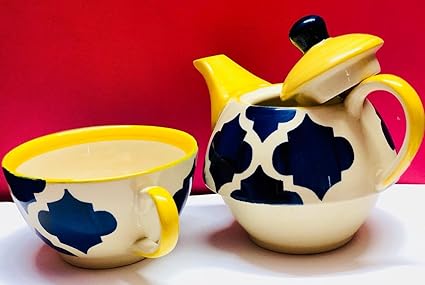 Hindustani Saudagar Hand Painted Ceramic Microwave Safe Single Tea Pot Kettle Set, 250ml( Blue and yellow)