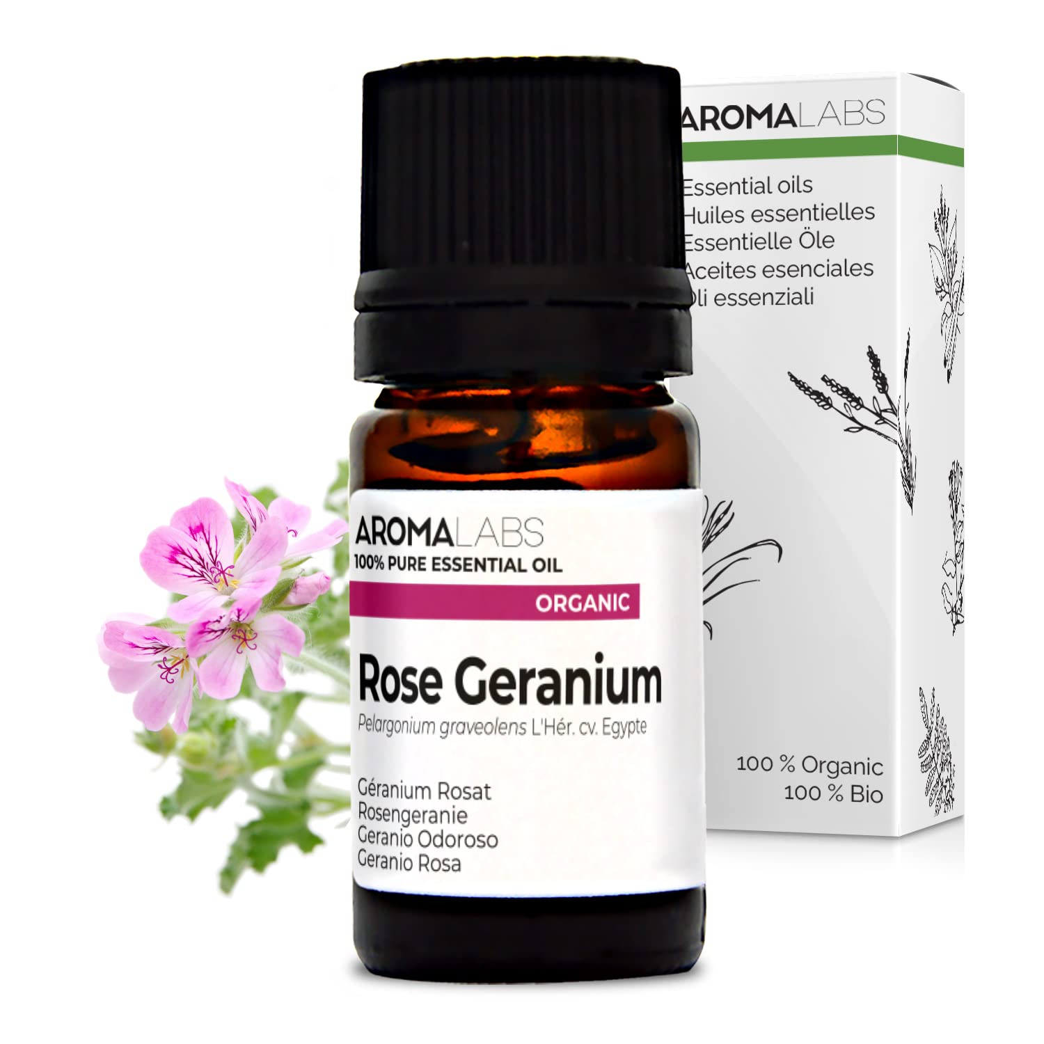 BIO - Rose Geranium Essential Oil - 5mL - 100% Pure, Natural, Chemotyped and AB Certified - AROMA LABS (French Brand)
