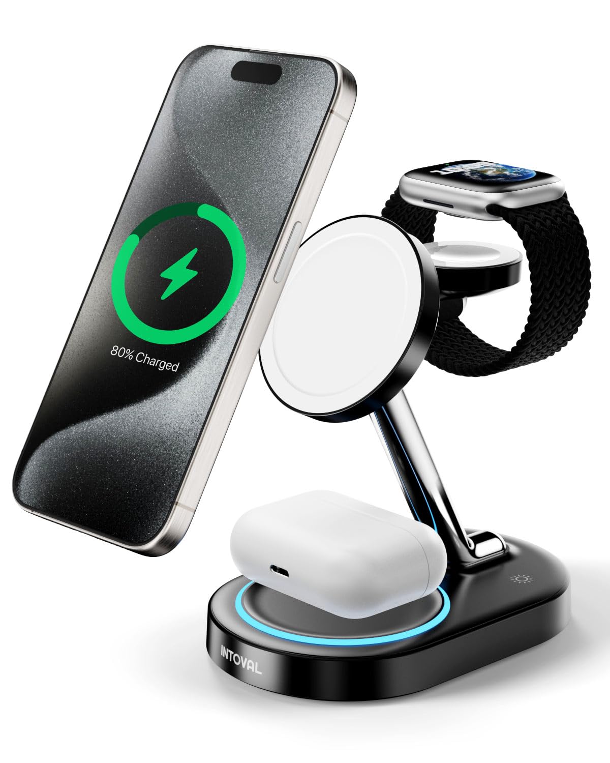 Charging Station for MagSafe Charger,Wireless Charging Station for iPhone MagSafe Charger,Intoval 3 in 1 Fast Magnetic Stand for iPhone 16/15/14/13 Apple Watch, Airpods(Black)