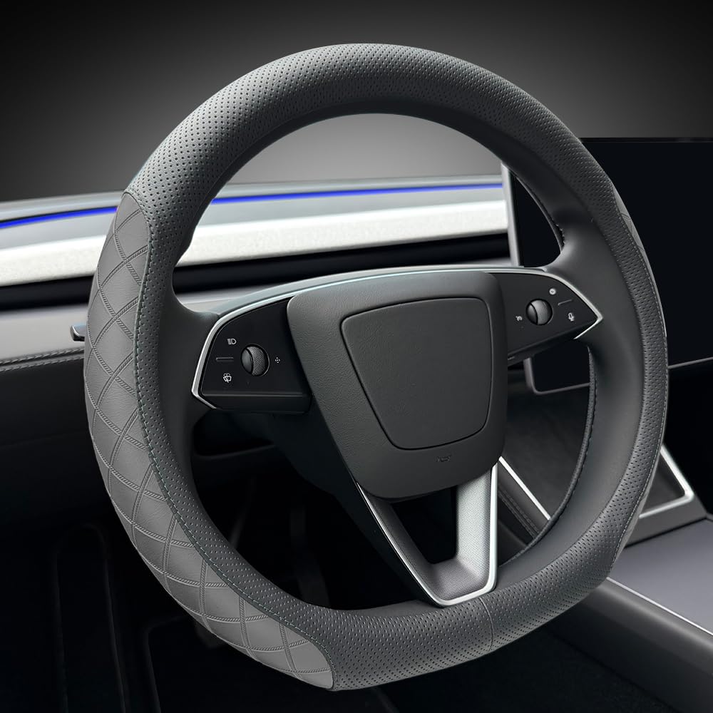 Photo 1 of LKWLIKEI Leather Steering Wheel Cover. Elegant Diamond Checkered Design, Non-Slip and Breathable, for Tesla Model 3/Y Steering Wheel Protector,Black