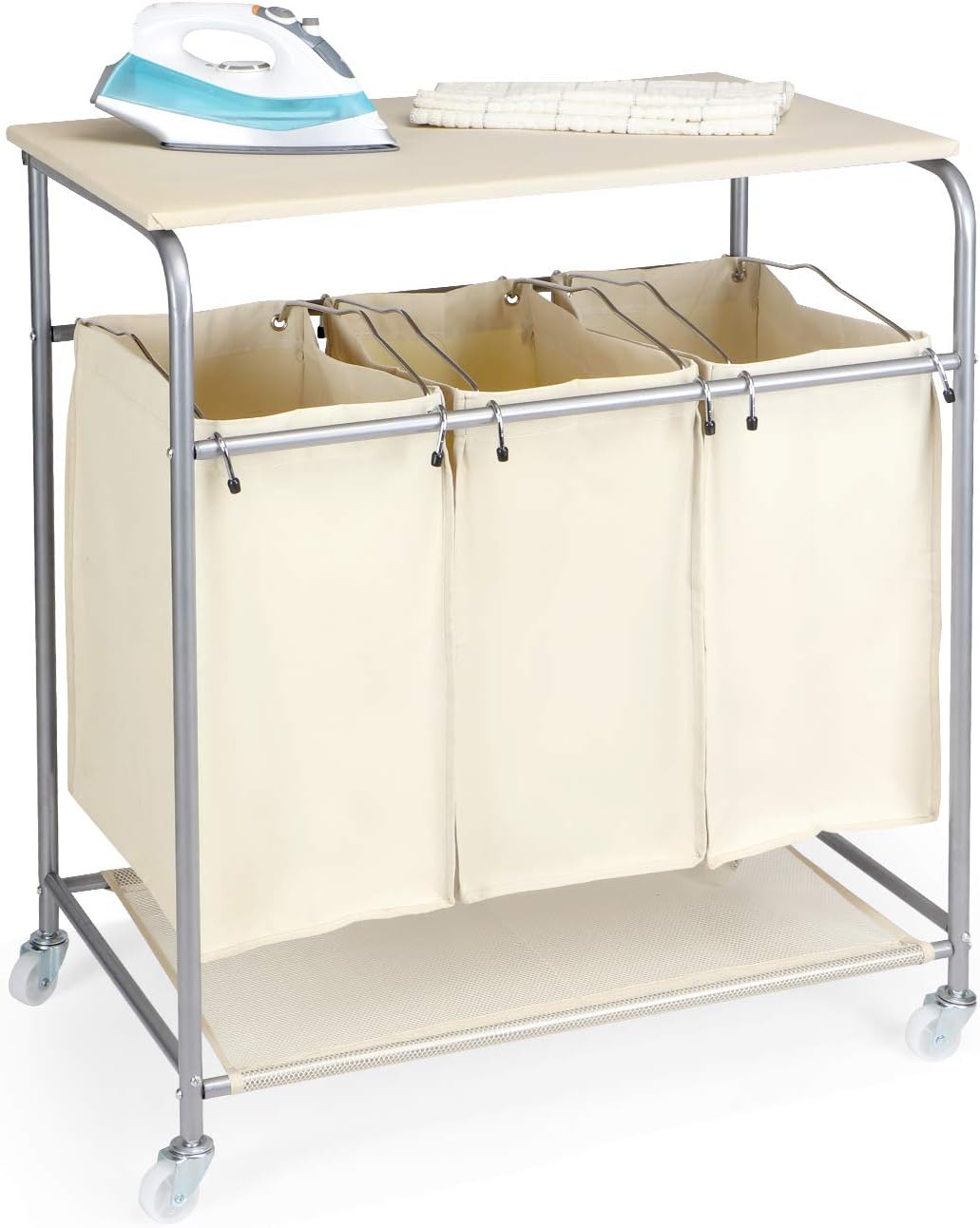 Amazon Nova Furniture 洗濯物分類カート 高耐久 3バッグ ローリング 洗濯物かご 分類 折りたたみステーションとアイロン台付き ベージュ Nf Ls1 ランドリー収納 オンライン通販