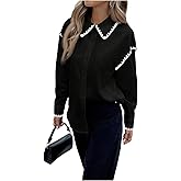 GORGLITTER Women's Button Down Shirt Colorblock Long Sleeve Loose Office Work Trendy Blouse Top