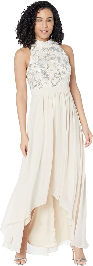 Amazon.com: Vince Camuto High Neck Haltered Sequin Top Gown with High-Low  Chiffon Skirt Champagne 4 : Clothing, Shoes u0026 Jewelry