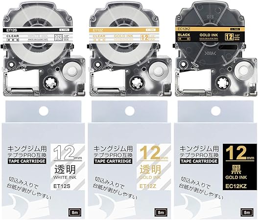 Amazon 互換 テプラ テープ 透明白文字 透明金文字 黒地金文字 12mm キングジム Tepra St12z St12s Sc12kz テープカートリッジ テプラpro 8m Sr370 Sr150 3個セット Asprinte 文房具 オフィス用品 文房具 オフィス用品