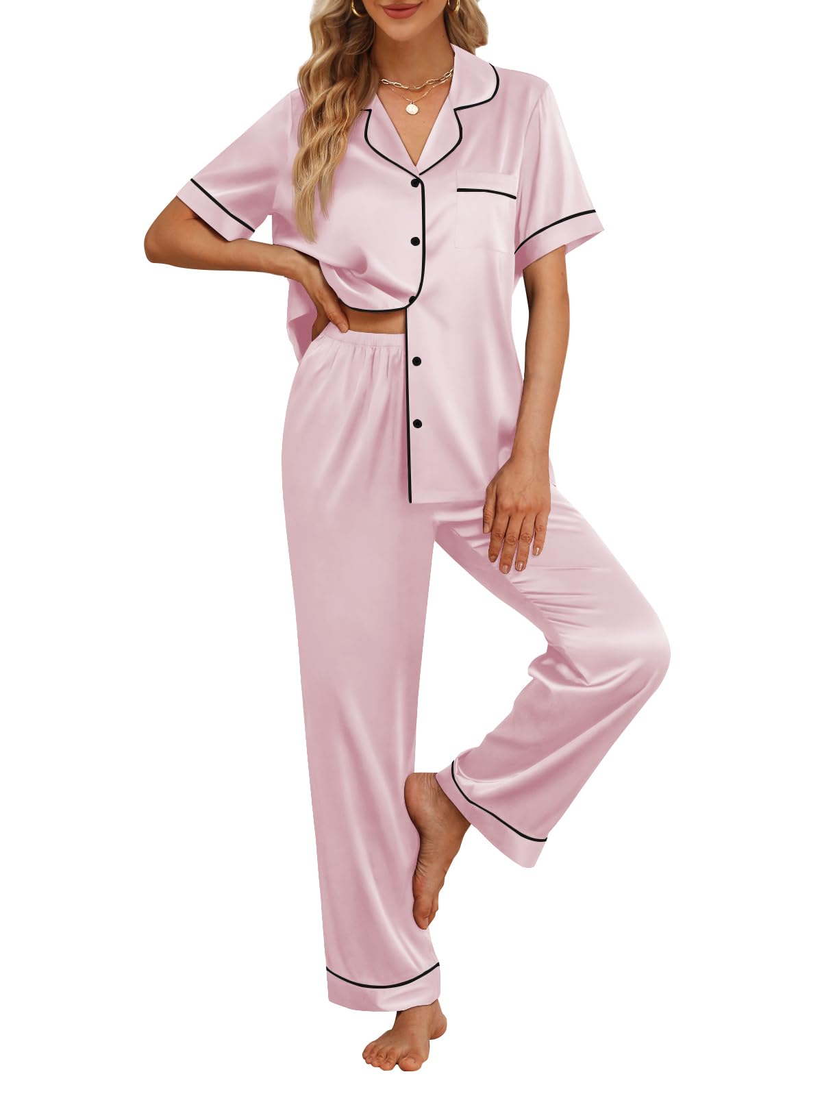 Photo 1 of ******RED LIPSTICK STAIN ON LEG***LILLUSORY Womens Silk Satin Pajama Set 2025 Pjs Lounge 2 Piece Fall Outfit Sleepwear Button Down Loungewear Matching Clothing Pink XS