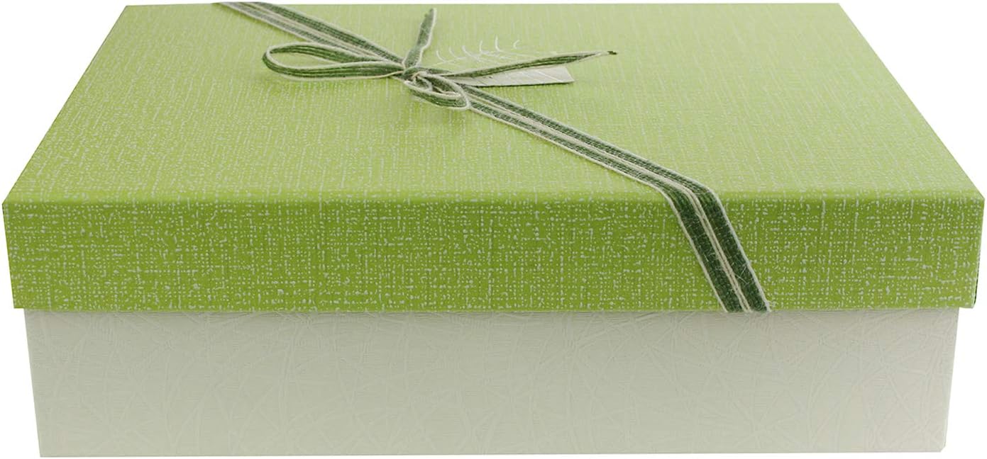 Emartbuy Rigid Luxury Rectangle Shaped Presentation Gift Box, 33.5 cm x 25 cm x 11.5 cm, Cream Box with Green Lid, Polka Dots Interior and Jute Decorative Bow