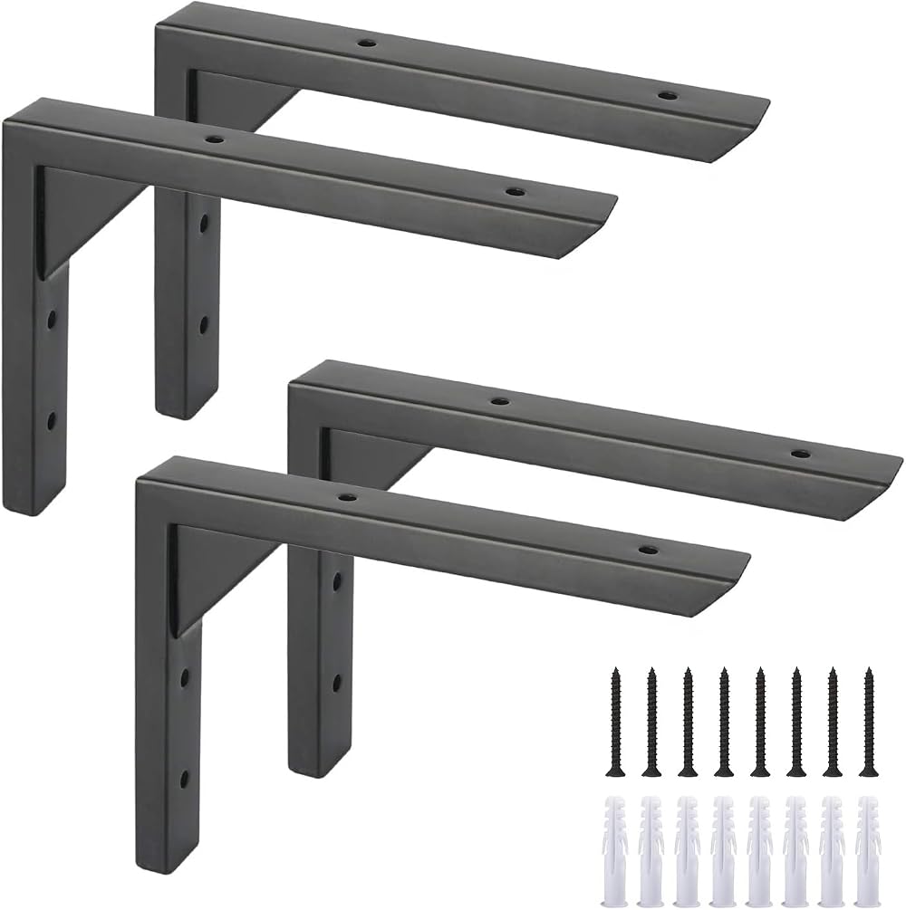 Ouvin Heavy Duty Shelf Brackets 10 Inch 4 Pack Black Iron Wall Mount