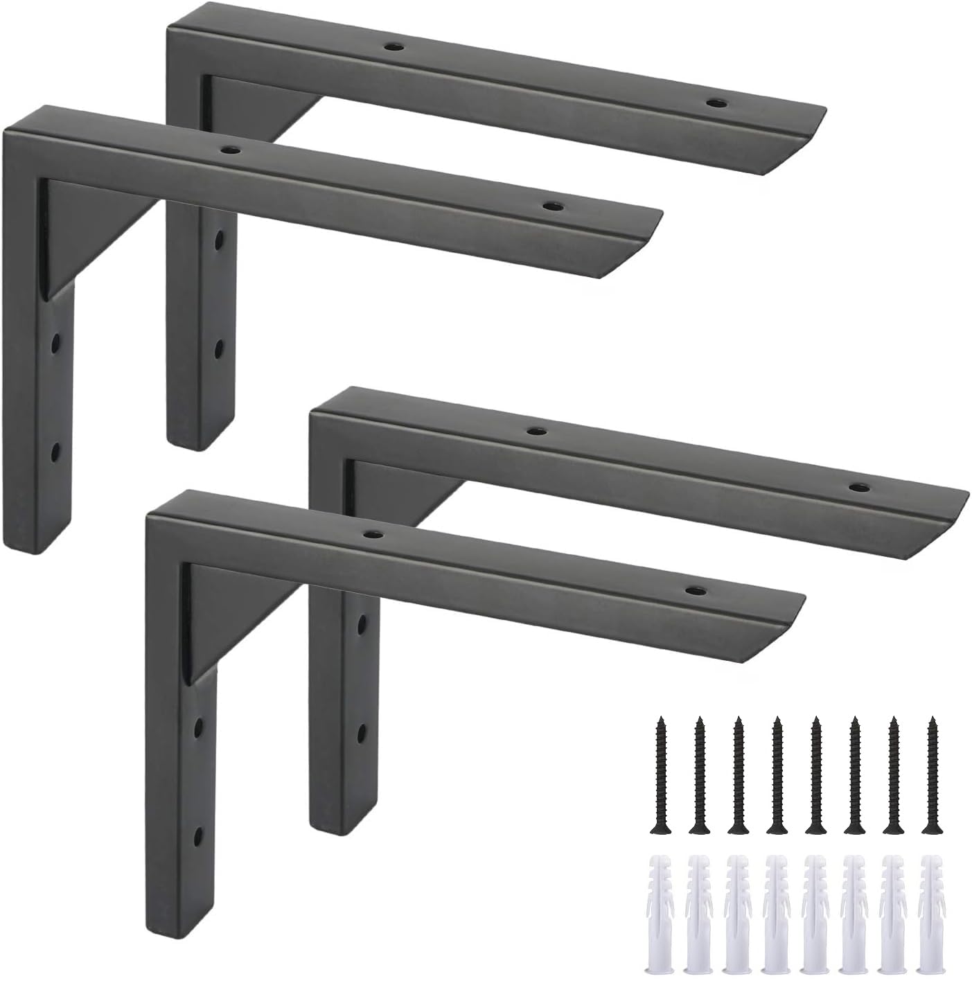 Ouvin Heavy Duty Shelf Brackets 8 inch 4 Pack Wall Mount Black Iron Brackets for Shelves Triangle Sturdy Supports with Screws for Kitchen Bookshelf (Black)