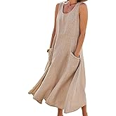yoeasy Women's Cotton Linen Casual Loose Pockets Long Dress Plain Sleeveless Tank Dress