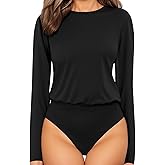 MANGOPOP Women's Body Suits Round Neck Loose Fit Satin Blouse Long Sleeve Bodysuit Tops（Black-X-Small）