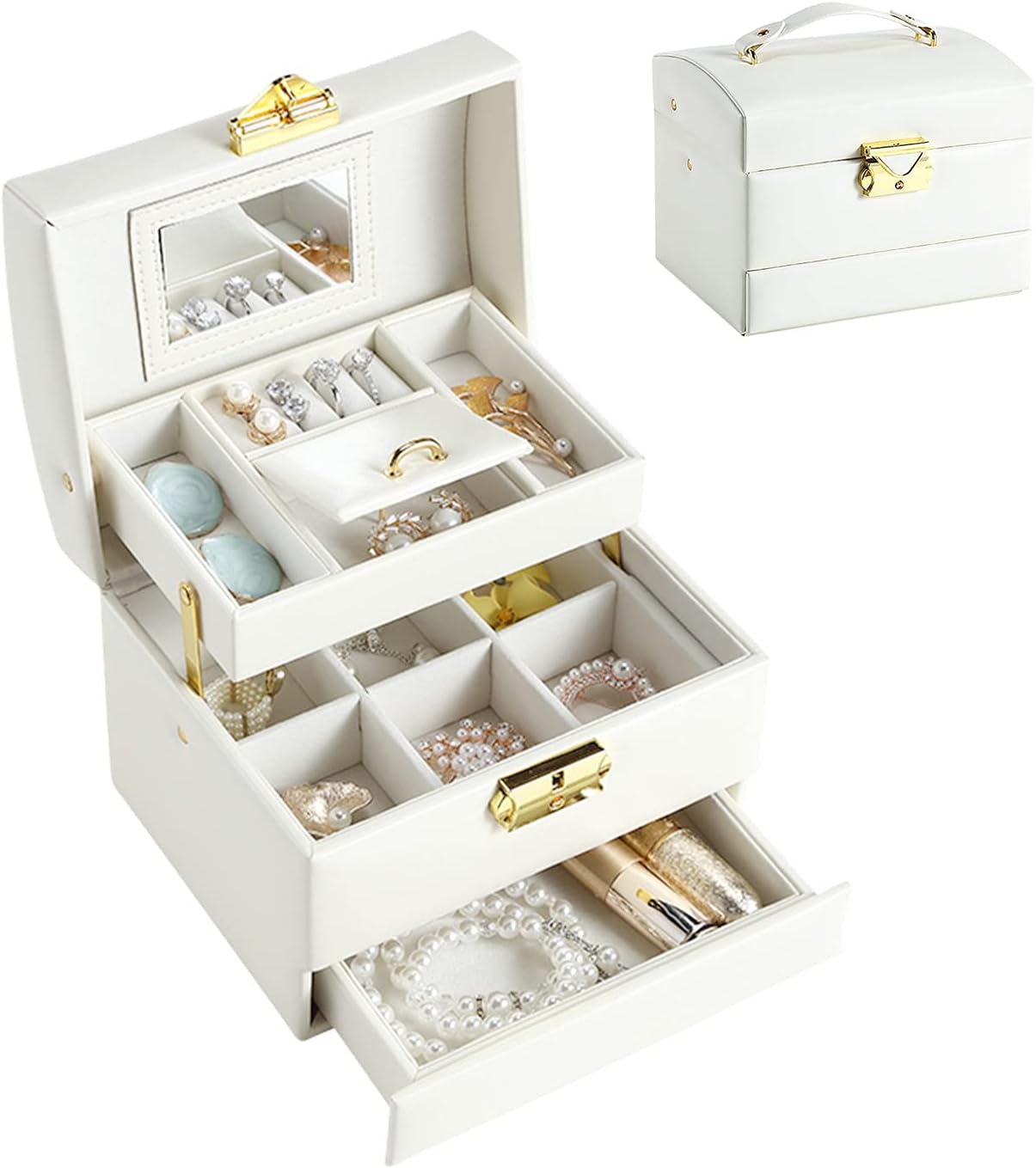 Women Jewelry Boxes, 3 Layer Jewelry Organizer Box with Lock,Jewelry Storage Case for Rings, Bracelets, Earrings, Necklaces, Velvet Lining, Gift, White: Home Improvement
