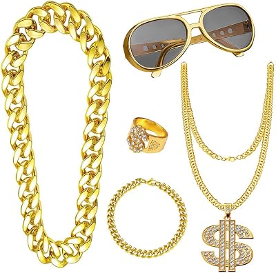 Yontree 5pcs 80s 90s Hip Hop Costume Set Gold Chain Bracelet Ring Glasses