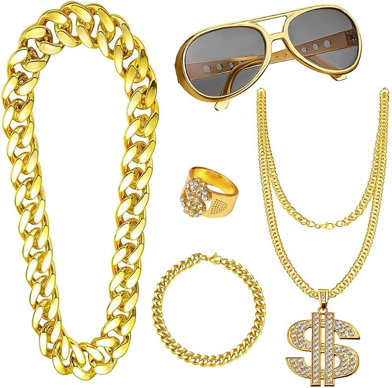 Yontree 5pcs 80s 90s Hip Hop Costume Set Gold Chain Bracelet Ring Glasses