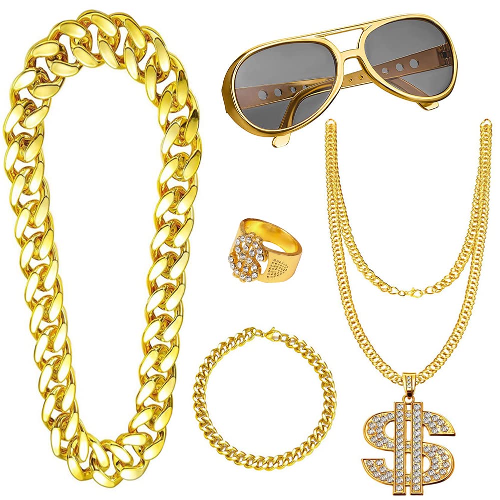 5pcs Hip Hop Costume, 80s/90s Hip Hop Fancy Dress Accessories for Adult, Fake Gold Chain Bracelet, Fake Dollar Sign Necklace, Hip Hop Ring, Hippie Glasses for Hippie Rapper Disco Outfit
