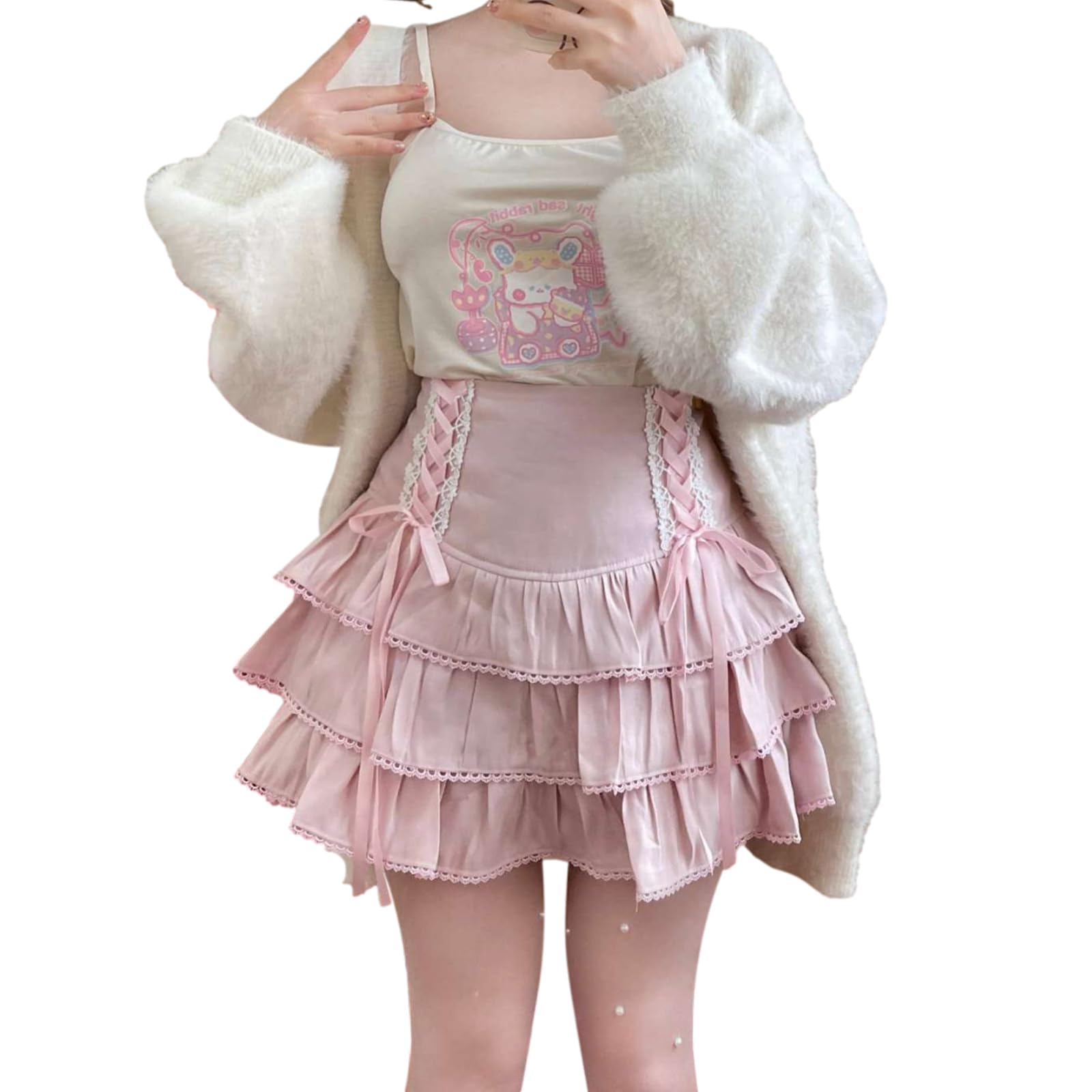Photo 1 of (MEDIUM) (BAGGED) (USED/FAIR) Cuteighteen Lolita Tiered Mini Skirt Women Skorts Kawaii Layered Ruffle High Waist Lace Up A Line Cute Skirts for Teen Girls (US, Alpha, Medium, Regular, Regular, Pink)