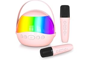 TAOULIMI 2025 New Mini Karaoke Machine Speaker for Kids Adults,Portable Bluetooth Speaker with 2 Wireless Mics,Colorful LED Lights, Home Travel & Party Play Gifts for Boys Girls (Pink)