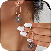 Blue Summer Flower Floral Dangle Earrings Boho 2 Layered Floral Petal Drop Statement Stud Navy Royal Blue Earring for Women