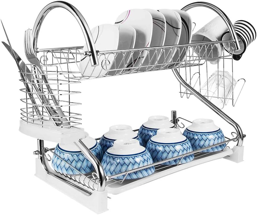 2-Tier Dish Rack and DrainBoard, 20" x15"x10" Kitchen Chrome Cup Dish Drying Rack Tray Cultery Dish Drainer …