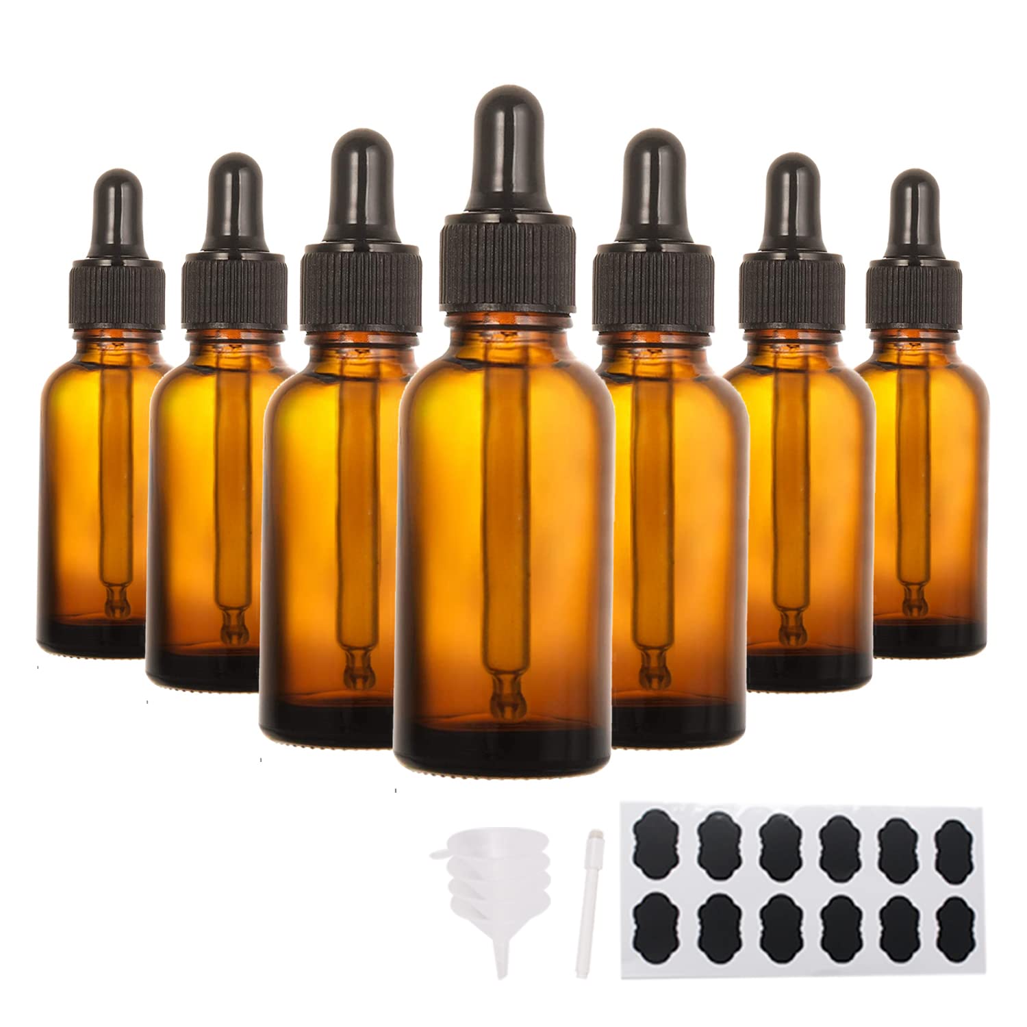 YBCPACK 24 Pack 2oz(60ml) Amber Glass Dropper Bottles with Pipette Dropper，24 Labels，1 Pen and 4 Funnels，Empty Glass Bottles for Essential Oil Blends，Perfumes，Aromatherapy and Chemistry Lab