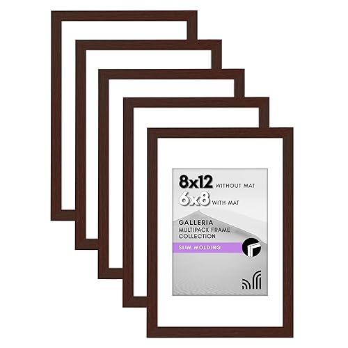 Americanflat 8x12 Picture Frame with Polished Plexiglass - Set of 5 - Use as 6x8 Frame with Mat or Display 8x12 Photo Without Mat - Galleria Collection - Picture Frames for Wall Display - Mahogany