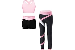Hansber Kids Girla Dance Outfits Crop Top with Shorts Leggings 3 Pieces Outfits for Gymnastics Yoga Dancing