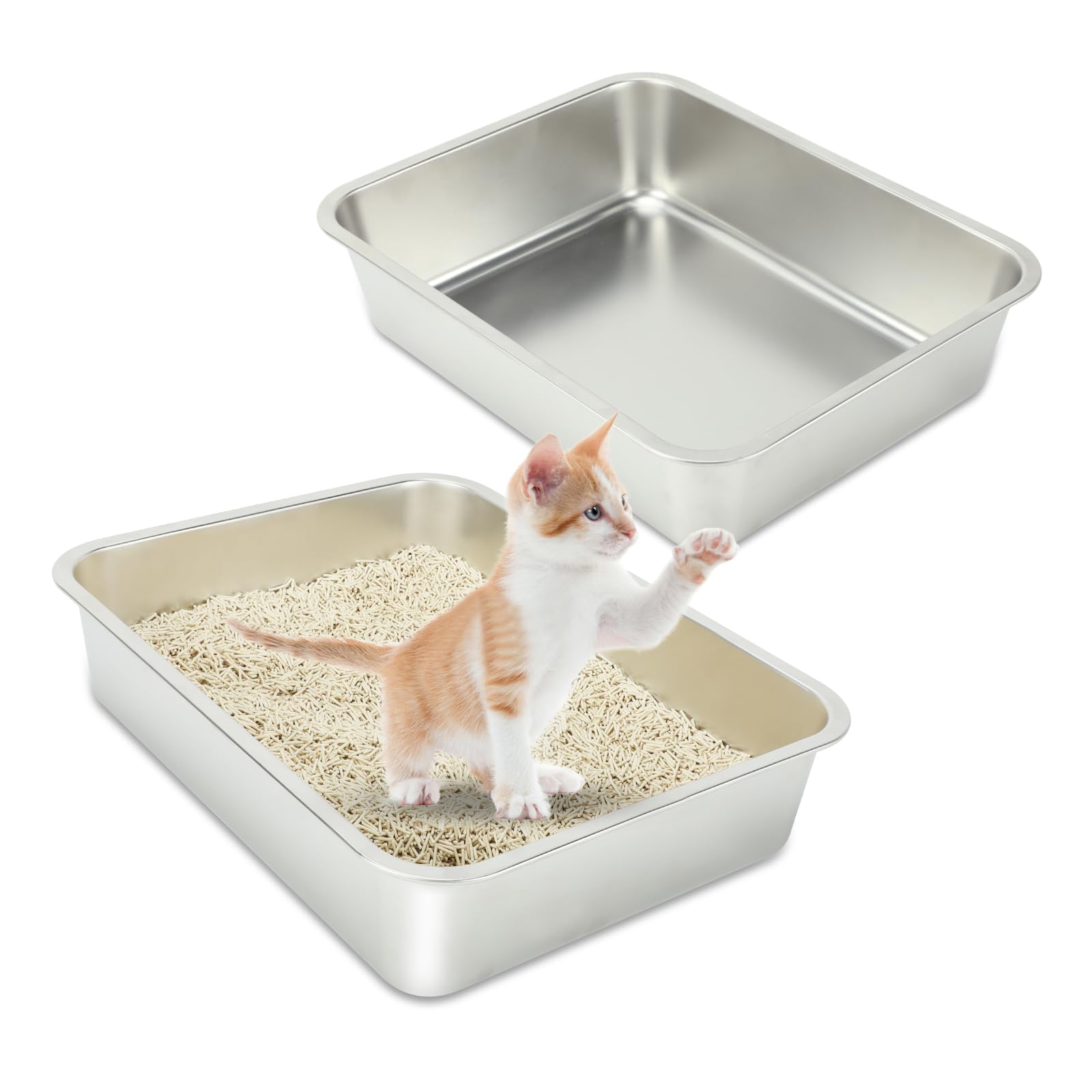 Photo 1 of Rypet 2 Packs Stainless Steel Litter Box Metal Litter Box for Cats High Back Litter Boxes Non-Stick Cat Poop Box?Easy to Clean(17.7"*13.8"*3.9")