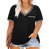 TIYOMI Plus Size T Shirt for Women Tunic Tops Plain Solid Color V Neck Spring Summer Short-Sleeve T Shirts Casual Work