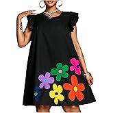 Floerns Women's Plus Size Boho Floral Tunic Dress Ruffle Cap Sleeve Summer Dresses