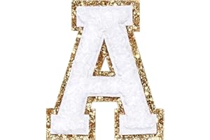 WISH YOUNG 3Pcs Chenille Letter Patches Iron on Patches Glitter Varsity Letter Patches Embroidered Patch Gold Border Sew On Patches for Clothing Hat Shirt Bag (White, A)