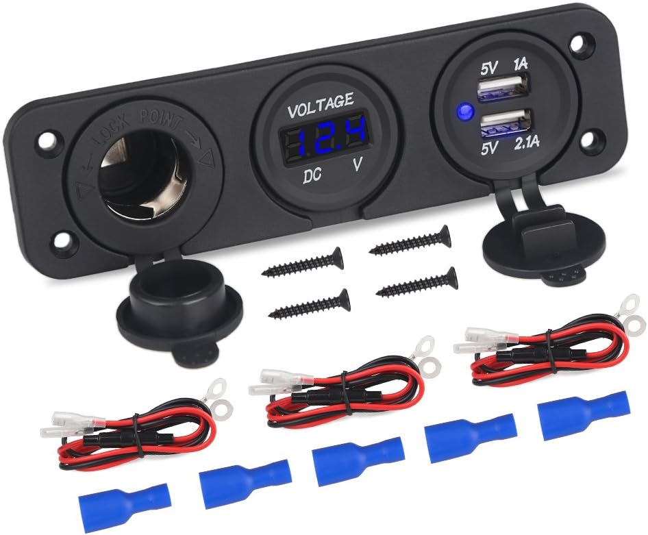 WATERWICH 3 Hole Marine Ignition Toggle Rocker Switch Panel Waterproof with Digital Voltmeter 3.1A Dual USB Charger Cigarette Lighter Socket for RV Car Boat Vehicles Truck Yacht (3 Way Blue)