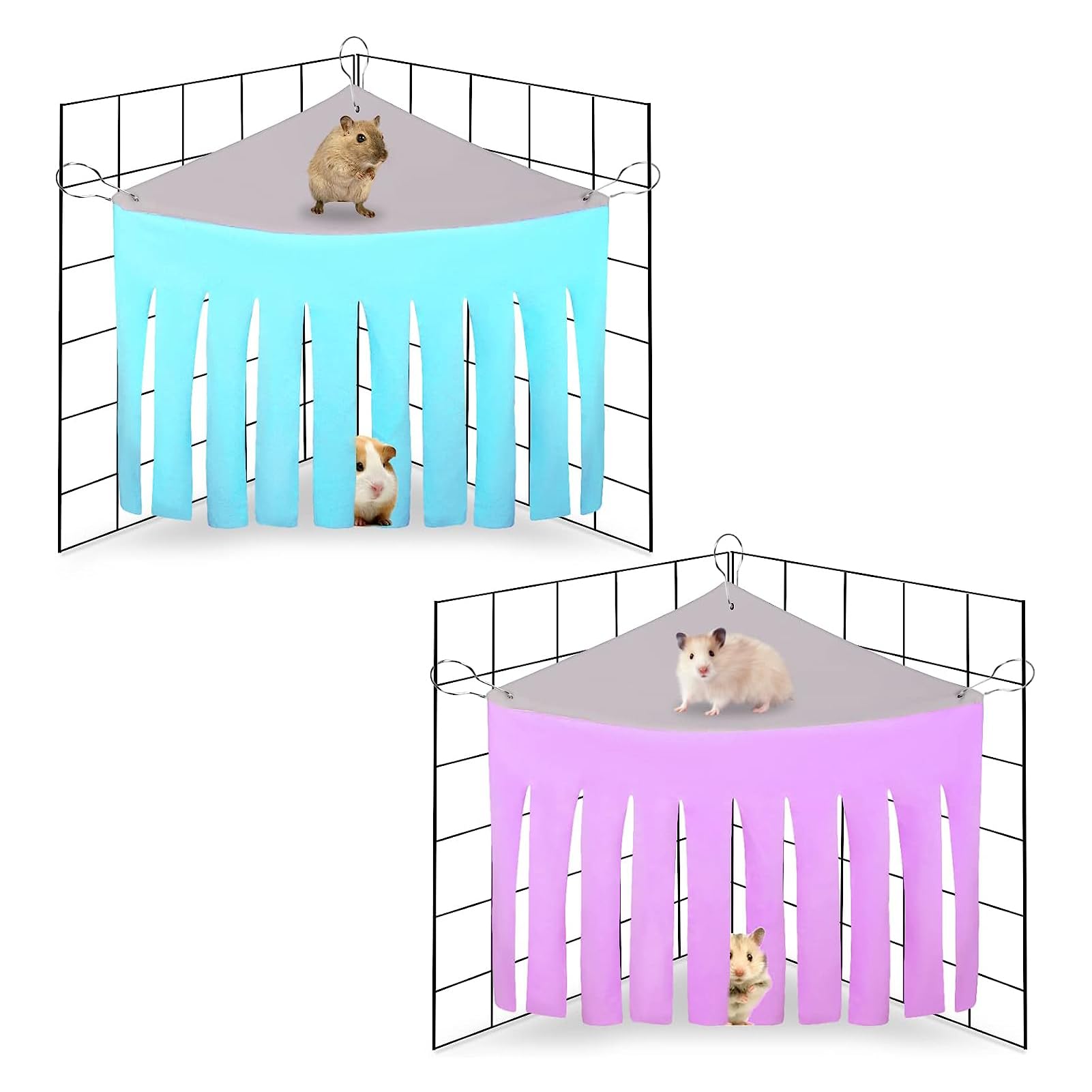Meng Jiaran 2 Packs Guinea Pig Hideout Corner Hideaway Hammock Corner, Fabric Forest Curtain Hideouts for Small Animals, Hammock Hanging Bed Corner for Hamster Hedgehog Guinea Pig Rabbit(Blue+Purple)