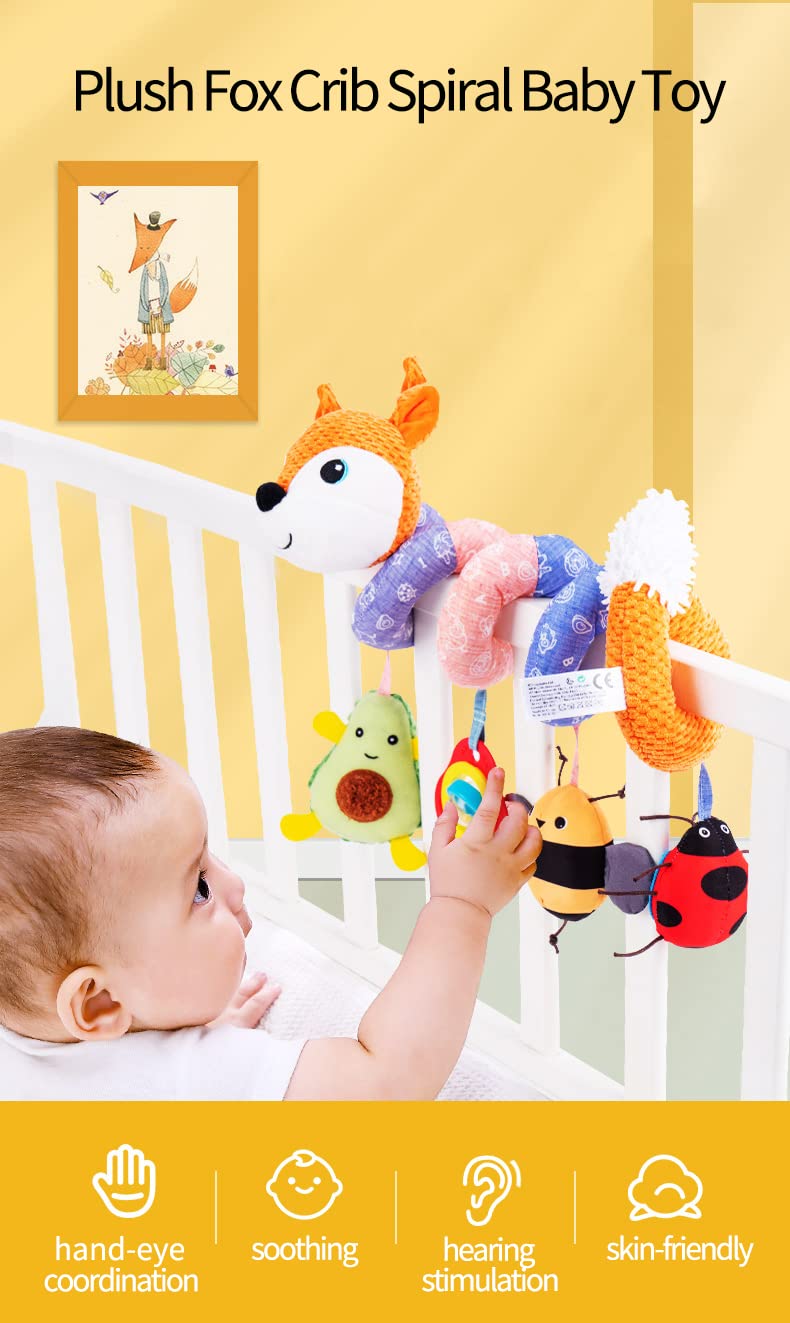 Koty Car Seat Toy Baby Spiral Plush Hanging Pram Bar Pram Crib with Music Box BB Squeaker and Rattles (Orange Fox)
