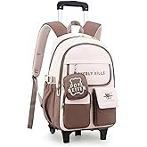 ZHANAO Color-blocking Rolling Backpack for Girls,Kawaii School Bag with Wheels,Trolley Bookbags for Primary Students