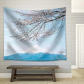 Cherry Blossom and Fuji Mountain in Spring - Fabric Tapestry, Home Decor - 51x60 inches