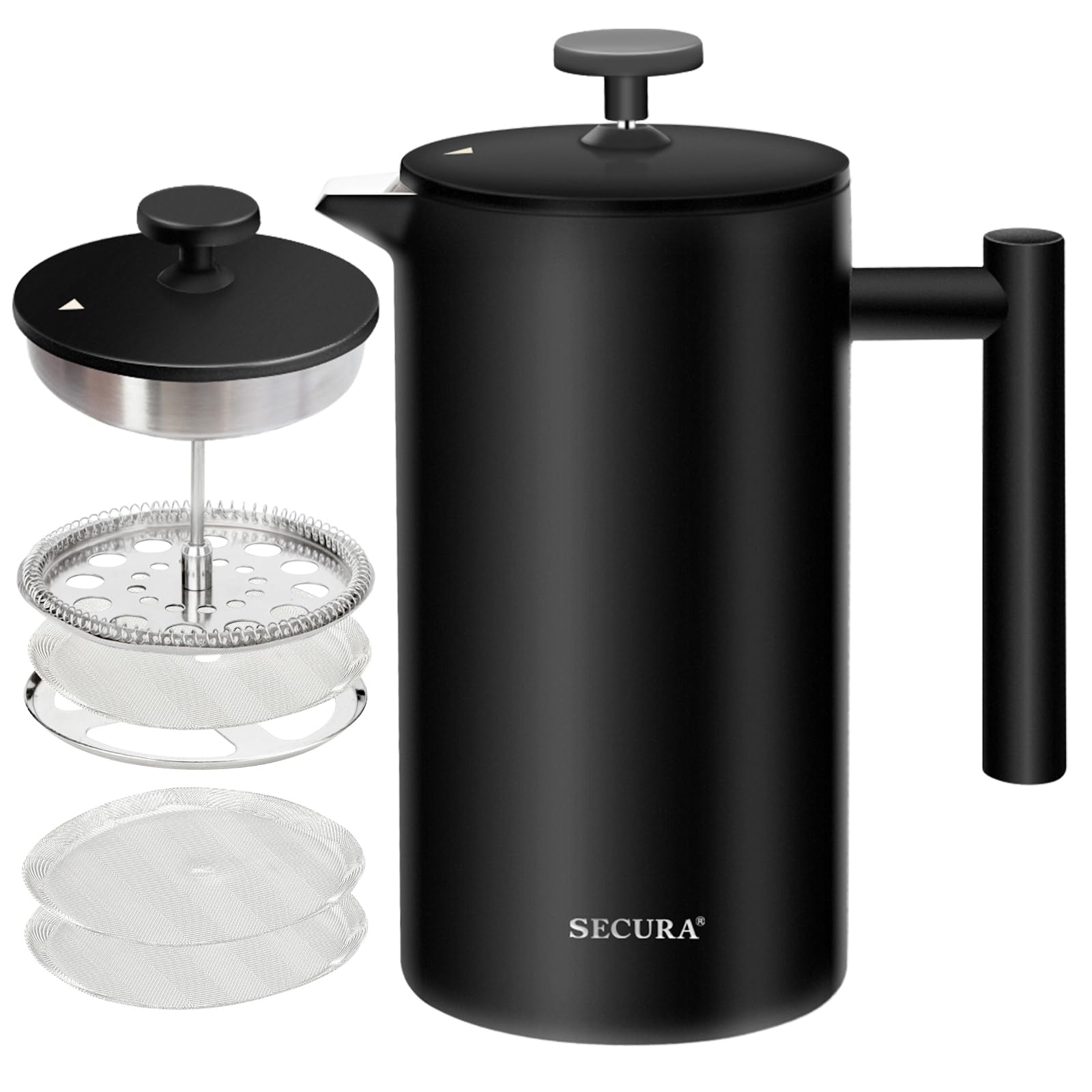 Photo 1 of Secura French Press Coffee Maker with 3-Layer Stainless Steel Filter, 34 oz Black, Double-Walled Insulated Design with 2 Extra Filters
