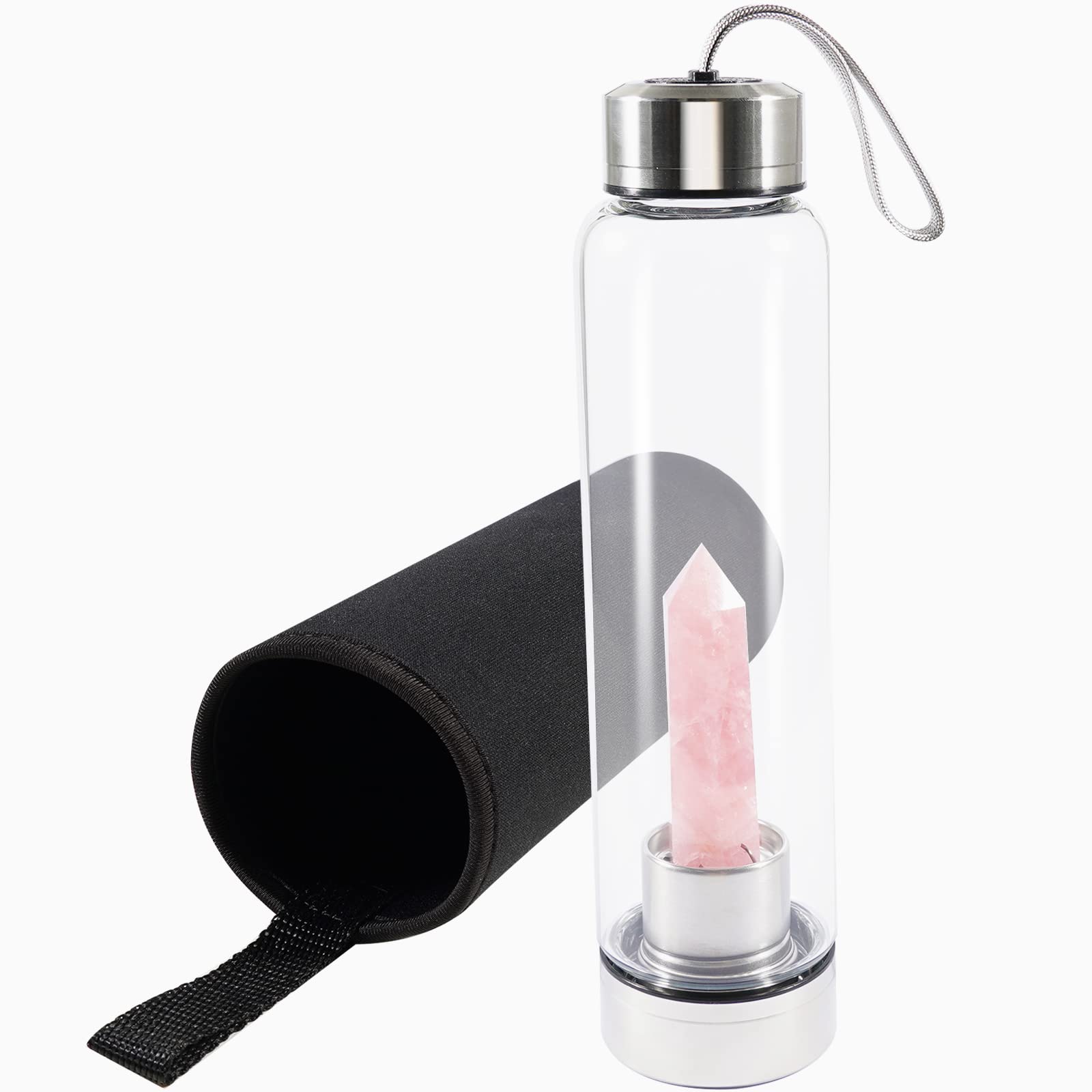 soulnioi Healing Crystal Glass Water Bottle Stainless Steel Water Bottle with Changeable Natural Crystal Point Center, with Black Protective Cup Cover, Energy Cup Gifts for Friends (Rose Quartz)