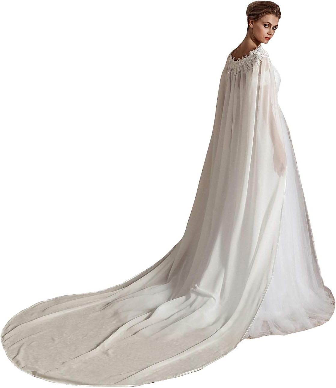 Womens Long Lace Chiffon Wedding Cloak Bridal Cape with Pearls