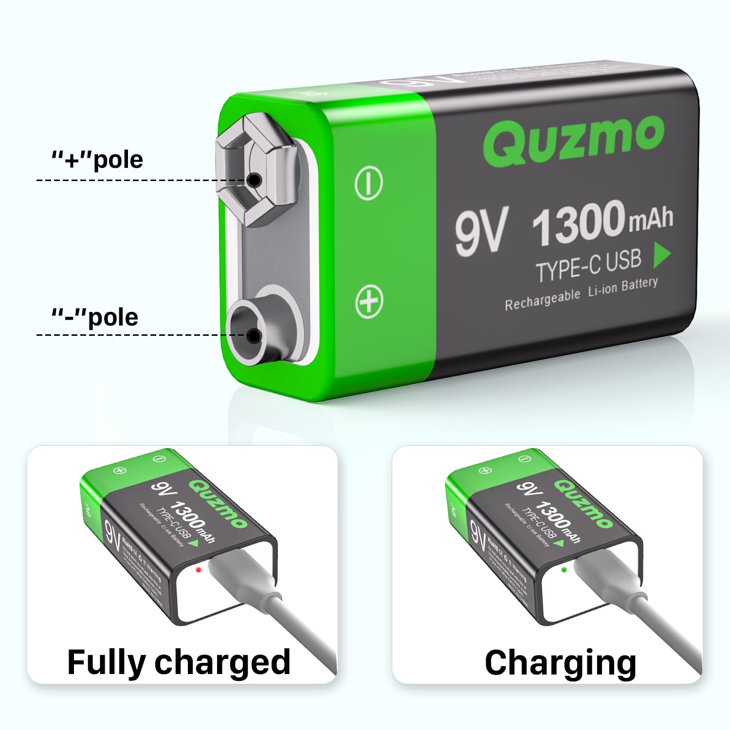 4-Pack Rechargeable 9V Batteries, 1300mAh 9 Volt Lithium-ion Long Lasting Power, USB-C Recharge with 2 in 1 Charging Cable for Smoke Alarms,Multimeters,Microphones,Walkie-Talkie,Toys