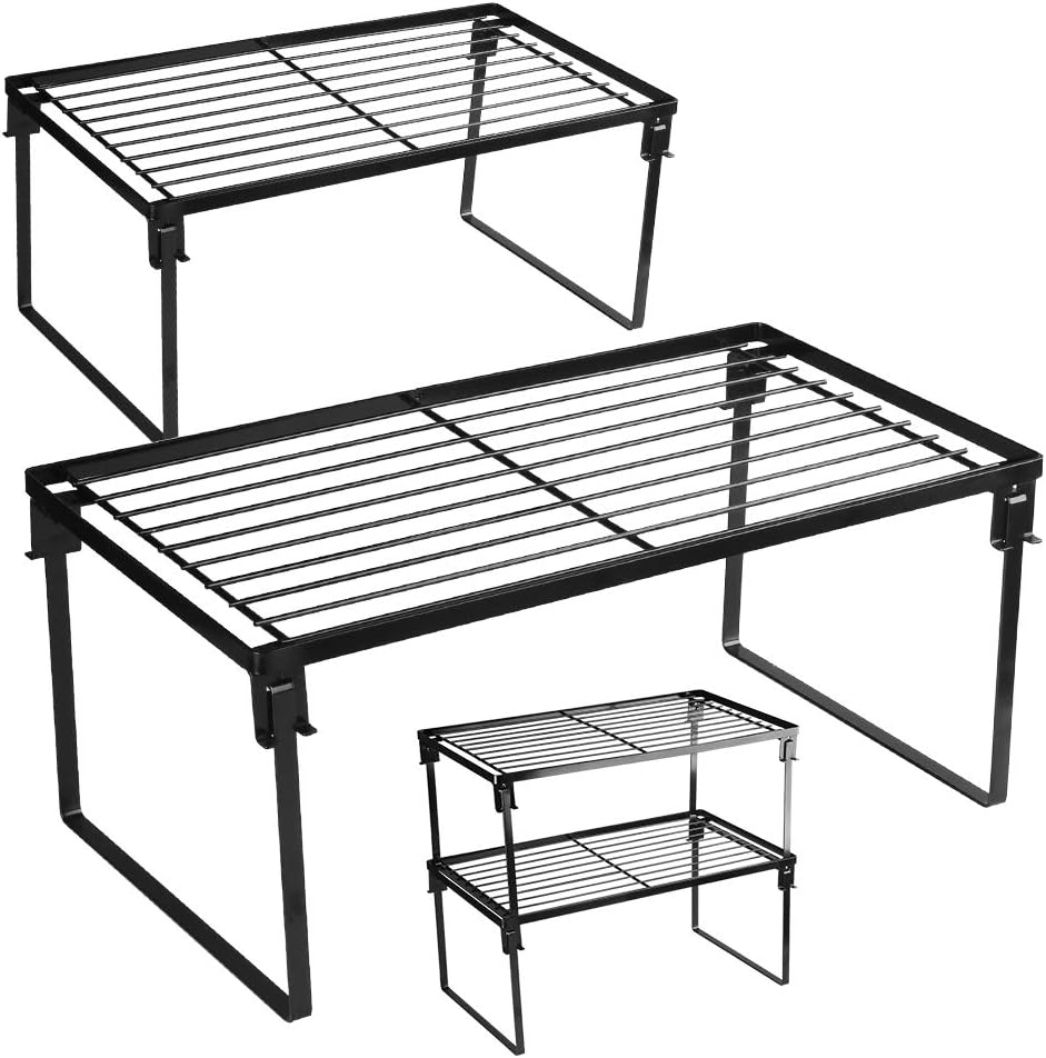 [2 Pack] Stackable Kitchen Storage Shelf Rack, Foldable Spice Rack Cabinet Organization Storage Shelves, Kitchen Shelves, Kitchen Counter & Cabinet Shelf Organizer,