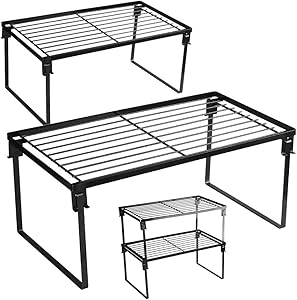 [2 Pack] Stackable Kitchen Storage Shelf Rack, Foldable Spice Rack Cabinet Organization Storage Shelves, Kitchen Shelves, Kitchen Counter & Cabinet Shelf Organizer,