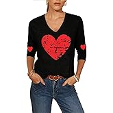 Women's Valentines Shirts V Neck 3/4 Length Sleeve Shirt Couple Love Heart Long Sleeve Tee Mother's Day Casual Top