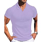 Vuiosrx Men's Collared Muscle Polo Shirts Slim Fit Short Sleeve V Neck T Shirts Men Zipper Ribbed Golf Shirt Casual Stylish