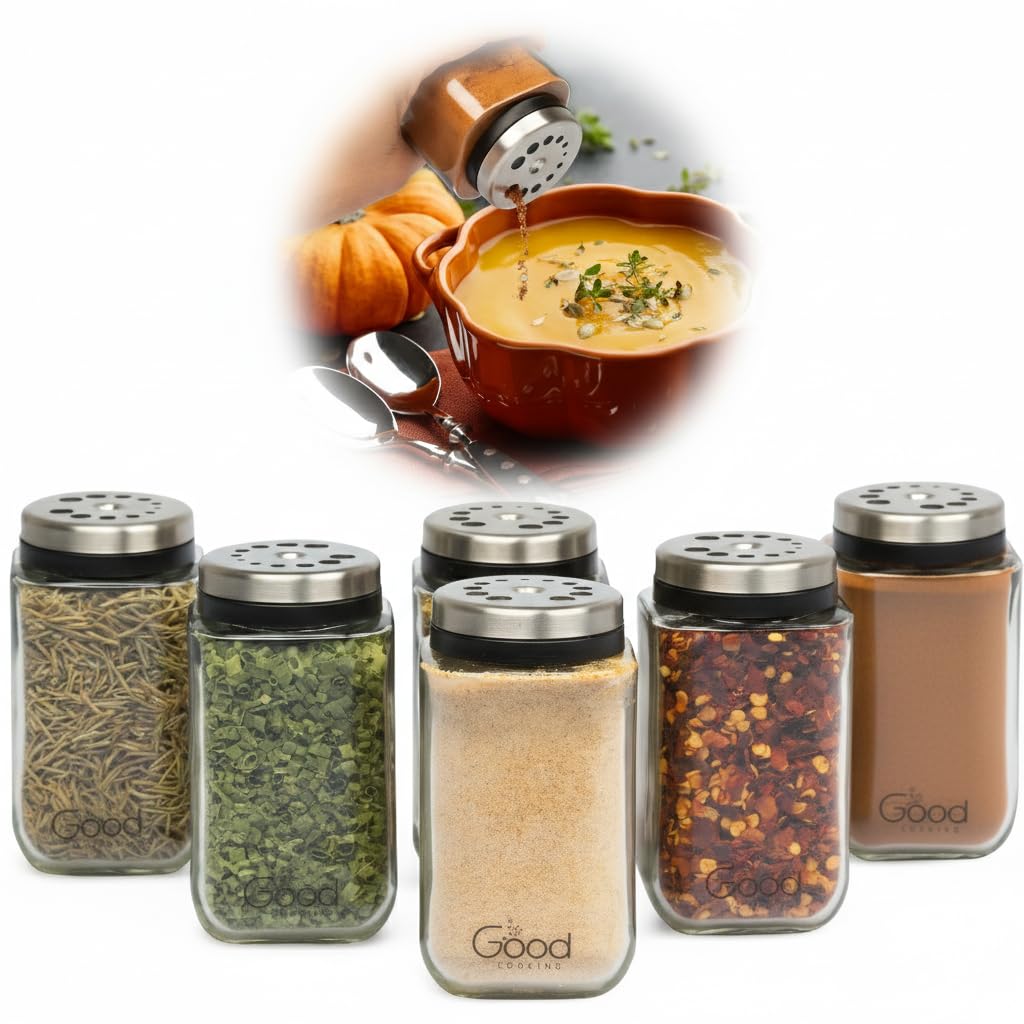 Adjustable Glass Spice Jars (Set of 12) with 6 Pouring Sizes- Stainless Steel Lid/Cap- Square Seasoning Bottle Containers for Minimalist Kitchen Pantry Storage Organization- Fill Shaker w Salt Pepper
