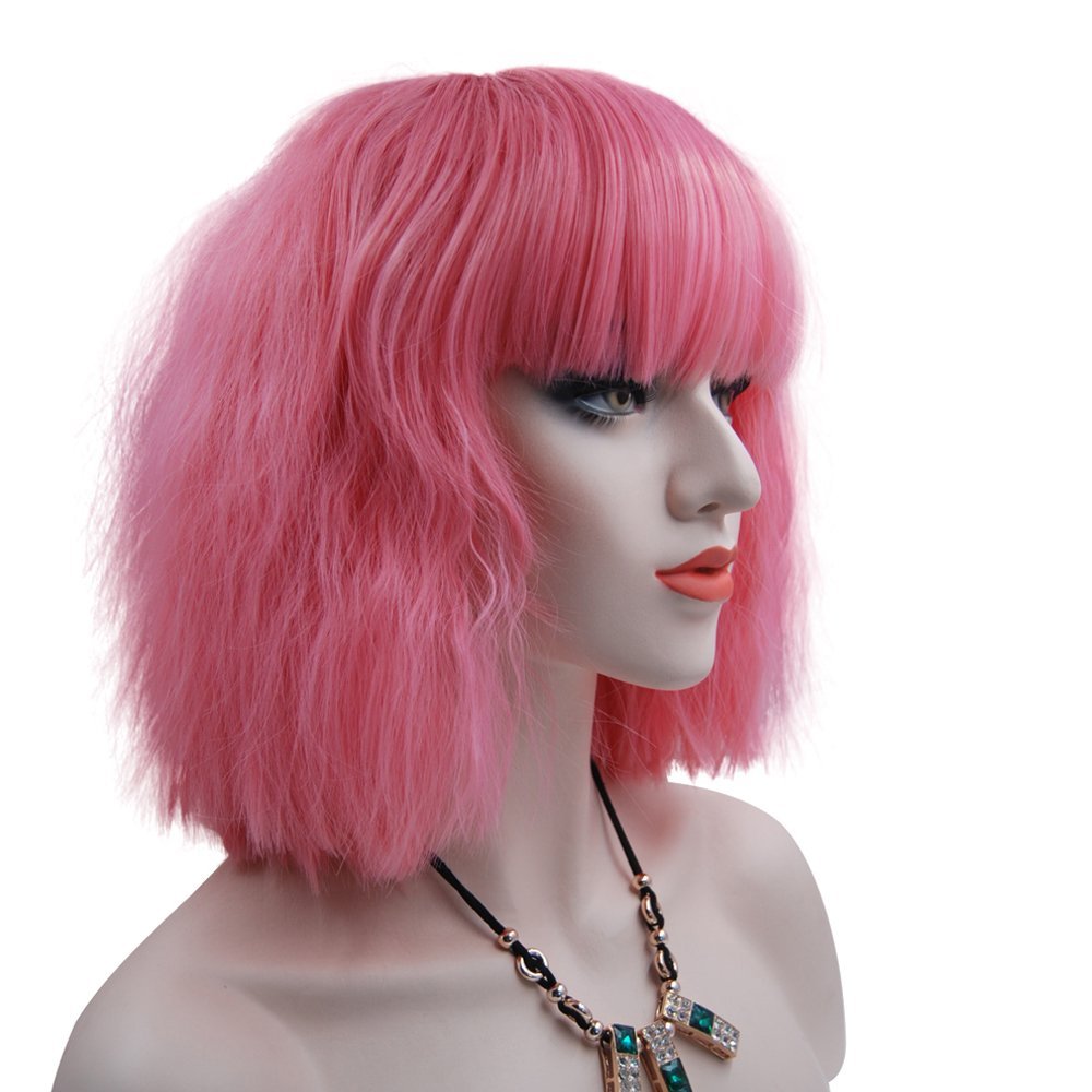 eNilecor Women Short Bob Fluffy Hair Full Wigs with Bangs Heat Resistant Kinky Straight Custom Cosplay Party Wigs (Pink)