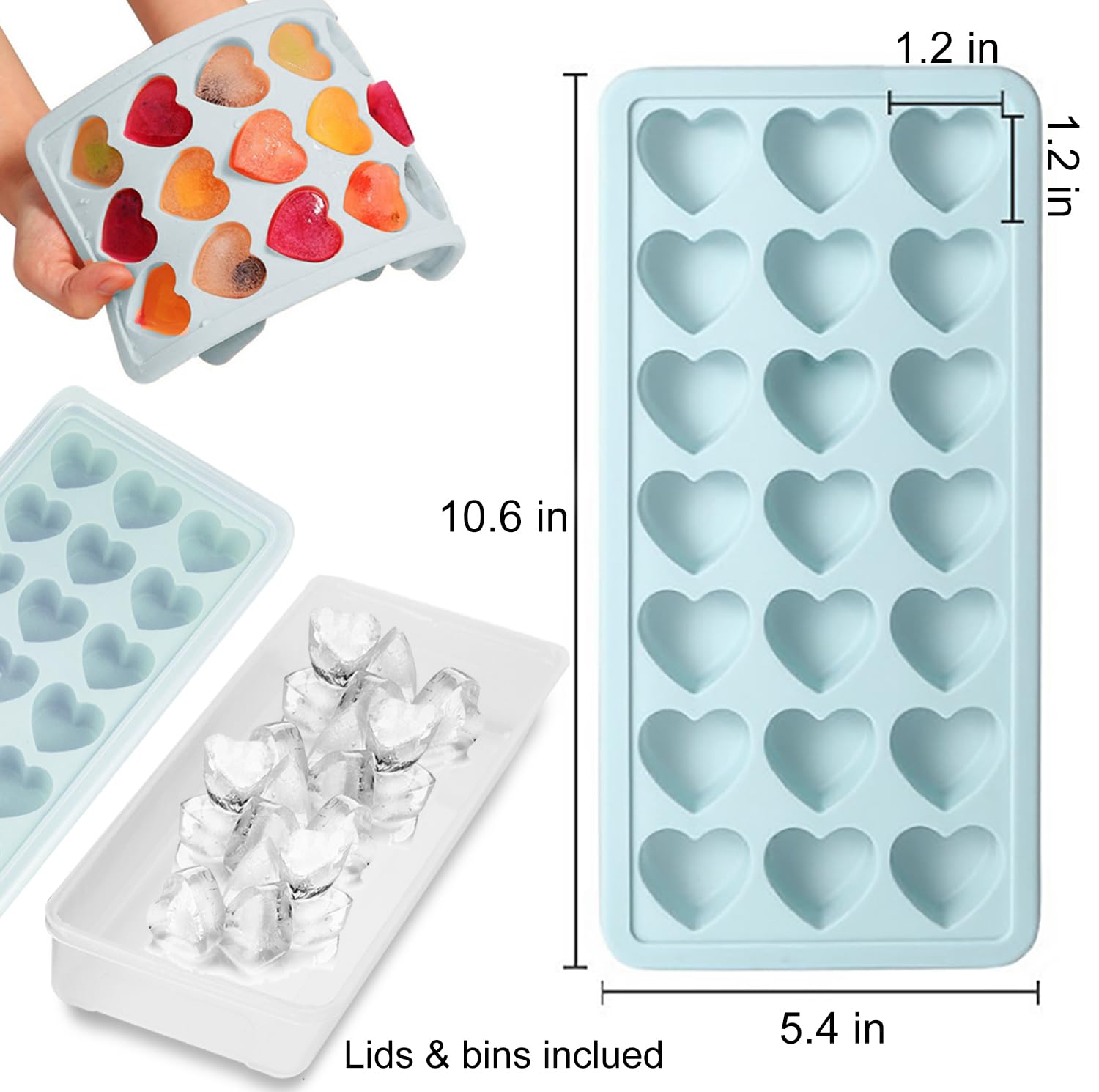 2 Pack Heart Shpaed Ice Cube Trays with Lids, 42 Holes Silicone Heart Ice Cube Molds for Whiskey, Cocktail, Fun Shapes Ice Cubes, Chocolate, Candle, Candy, Jelly, Jello - with Lids Bins