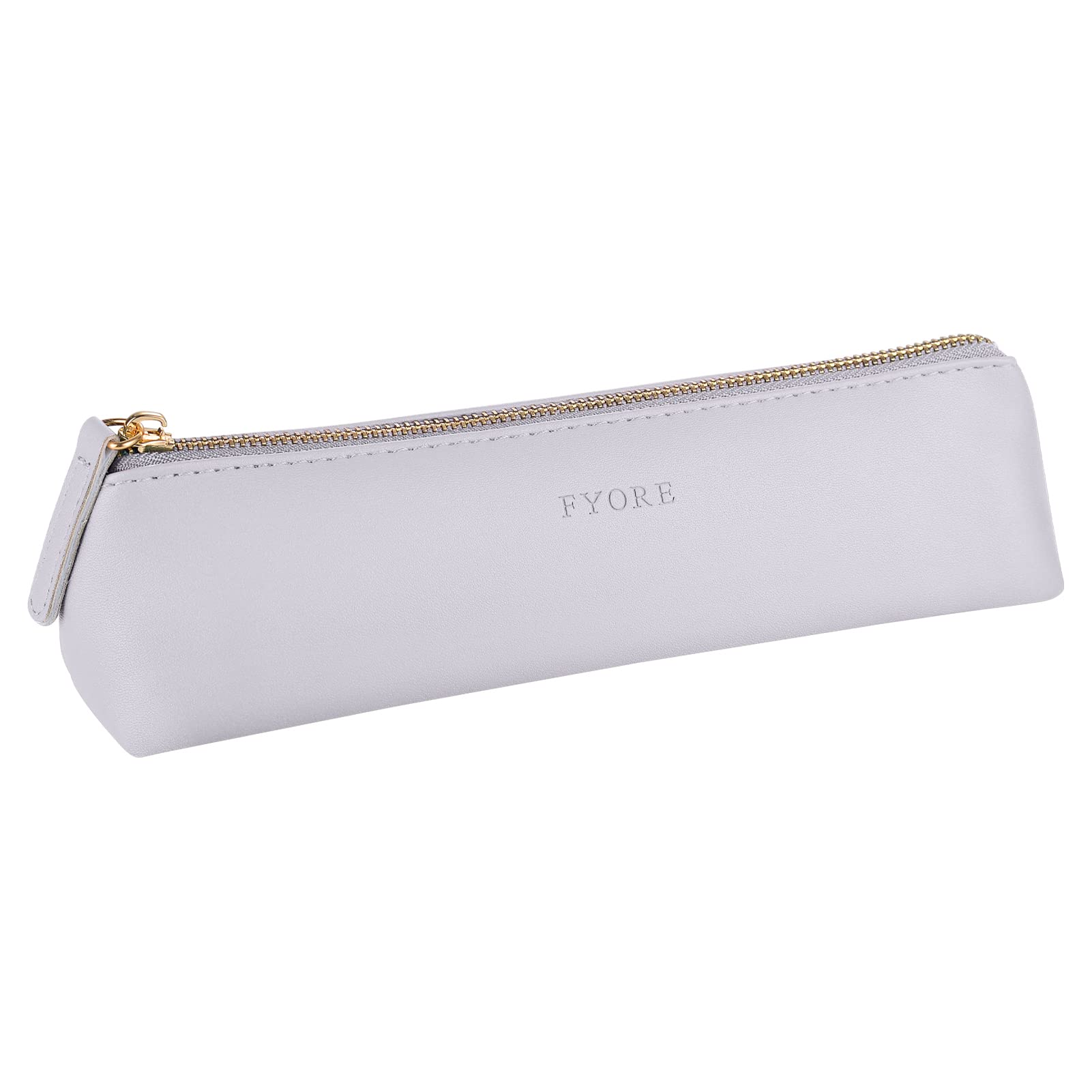 Fyore Luxury PU Leather Pencil Case Slim Design with Metallic Zipper Pocket Size for Pen Make Up Brush (Grey)