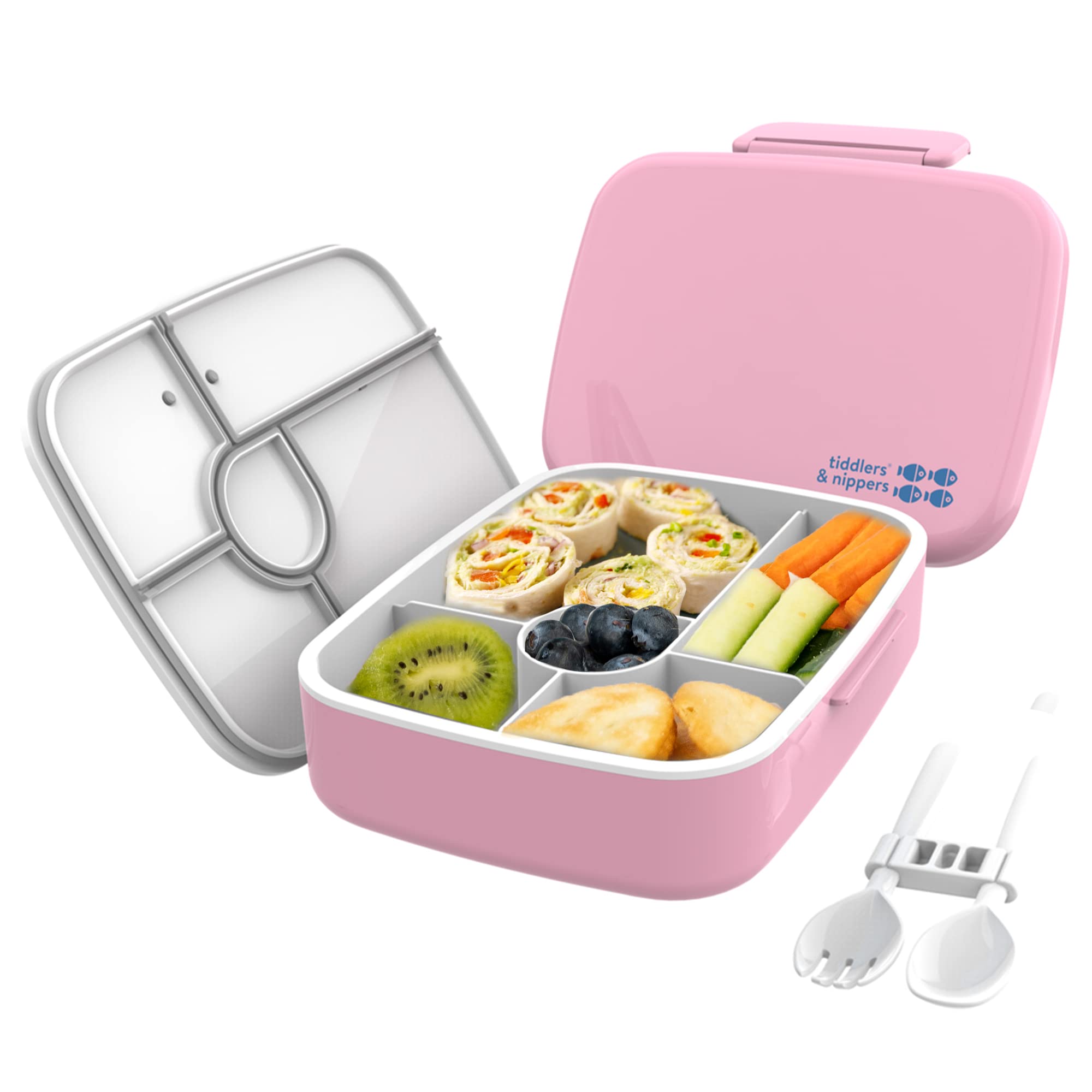 tiddlers & nippers 5 Compartment Lunch/Bento Box for Kids & Adults! | Includes Reusable Cutlery - Fork & Spoon | Leak-Proof & BPA-Free | Microwave, Freezer & Dishwasher Safe (Plain Pink) — image 1