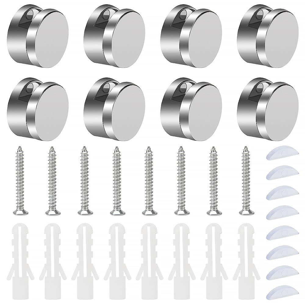 YIXISI 8 PCS Round Mirror Clips for 3-4 mm Thick Glass, Zinc Alloy Clamps With Plugs and Screws for Bathroom