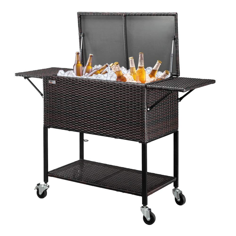 VINGLI 80 Quart Rattan Rolling Cart, Portable Wicker Cooler Trolley